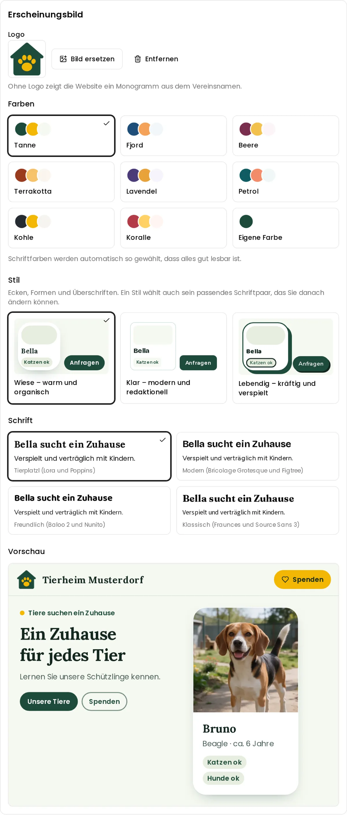 Einstellungen zum Erscheinungsbild mit Farbpaletten, Stilen und Vorschau