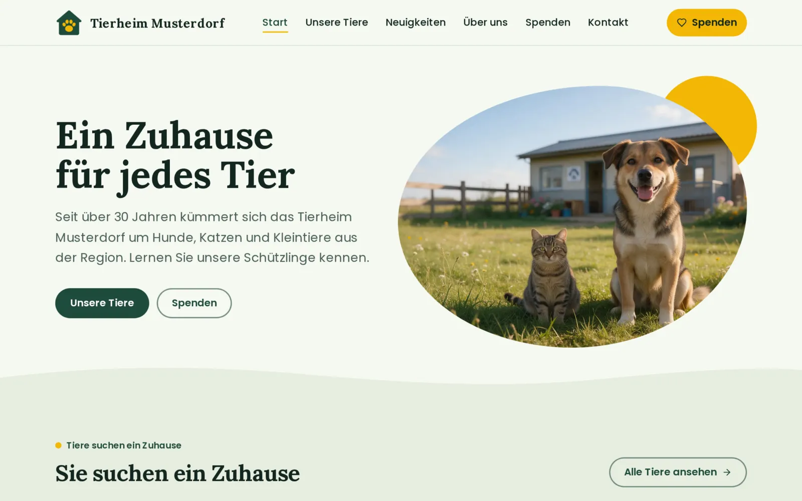Startseite der Demo-Website „Tierheim Musterdorf“ am Computer