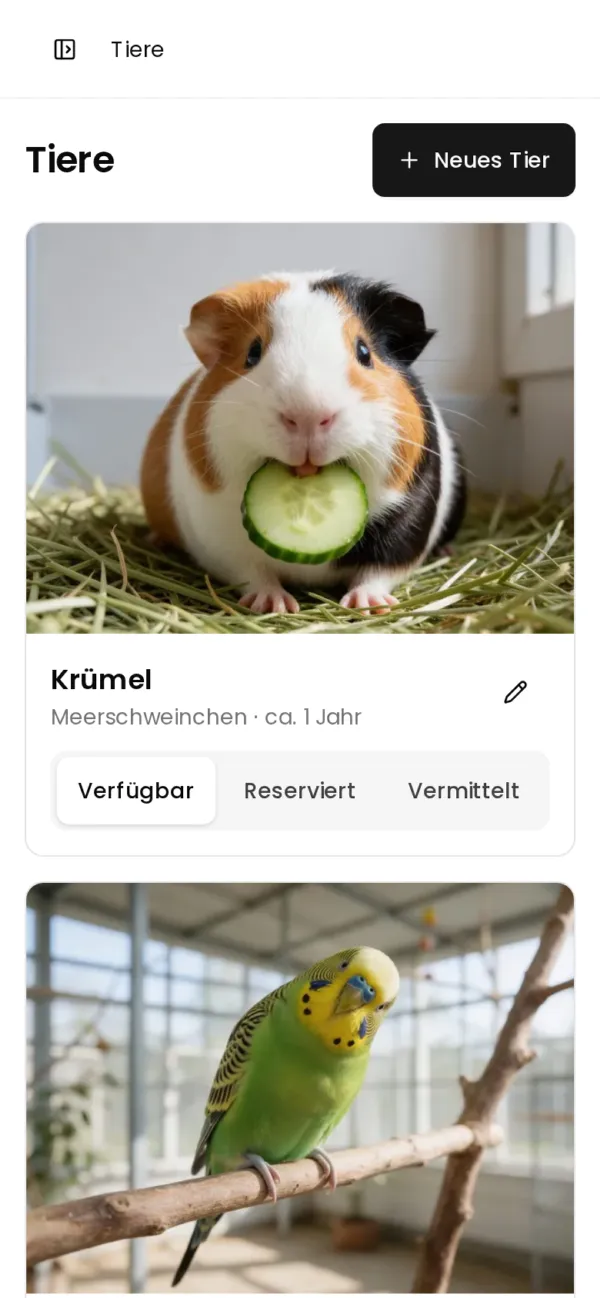 Tierübersicht in der Verwaltung am Handy
